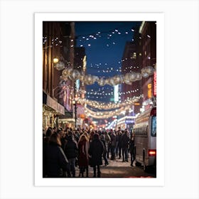 Banner At A Lively New Years Eve Party Drapes Elegantly Across A Bustling Street Strands Of Shiny (6) Art Print