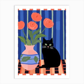 Black Cat With A Vase With Roses Illustration Art Print