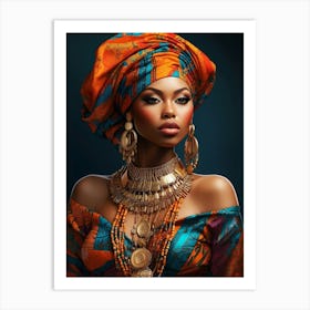 Beautiful And Sexy Black Woman Wearing Blue and Orange with Gold Accessories and A Matching Headdress Illustration 8 Art Print