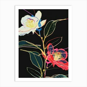 Neon Flowers On Black Camellia 2 Art Print