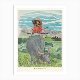 Vietnam Travel Art Print - Girl Riding Water Buffalo Watercolor - Vietnamese Culture Landscape Illustration - Vietnam Art Print Art Print