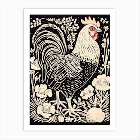 B&W Bird Linocut Chicken 3 Art Print