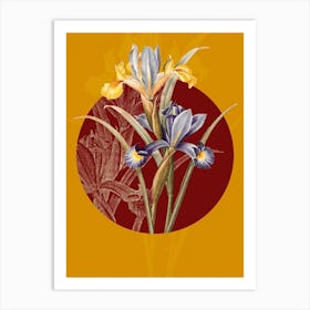 Vintage Botanical Spanish Iris Iris xiphium on Circle Red on Yellow n.0090 Art Print
