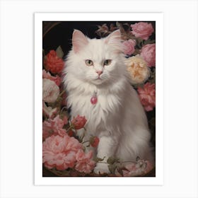 White Floral Rococo Cat Art Print