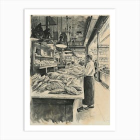 Detailed Black & Sepia Illustration Of A Market Hall Art Print