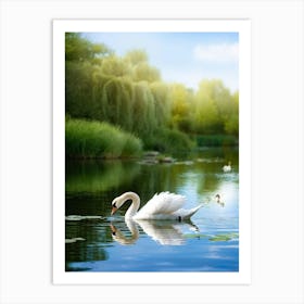 Elegant White Swan Gliding Gracefully Across A Scenic Serene Duck Pond Surrounded By Weeping Willo Art Print