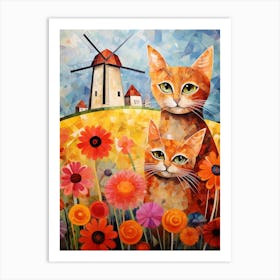 Two Wide Eyed Cats In A Floral Field With A Medieval Windmill Art Print