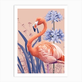 American Flamingo And Agapanthus Minimalist Illustration 3 Art Print