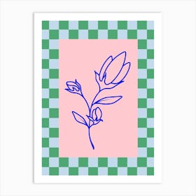 Modern Checkered Flower Poster Blue & Pink 17 Art Print
