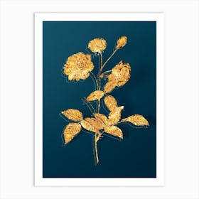 Vintage China Rose Botanical in Gold on Teal Blue n.0042 Art Print