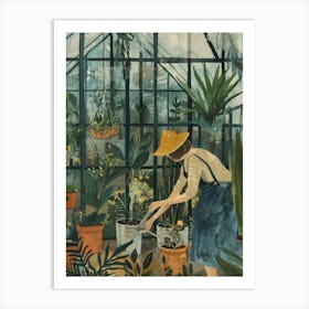 Woman In A Greenhouse Art Print