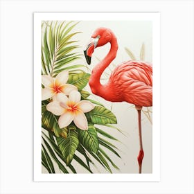 American Flamingo And Tiare Flower Minimalist Illustration 2 Art Print