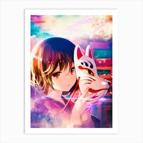 Anime Girl Holding A Cat Mask Art Print