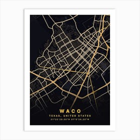 Waco Texas Usa Black And Gold Map Art Print