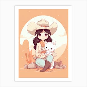 Cute Cowgirl With Cat 4 Art Print