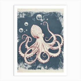 Octopus Making Bubbles Linocut Inspired 3 Art Print