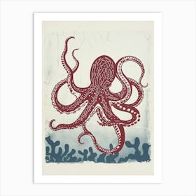 Retro Red Navy Octopus Linocut Style 9 Art Print