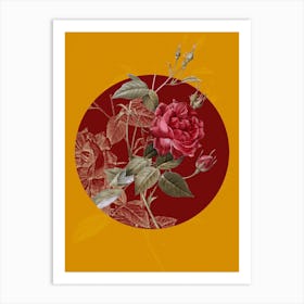 Vintage Botanical Blood Red Bengal Rose on Circle Red on Yellow n.0069 Art Print