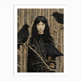 Dark And Moody Girl With Birds 1 Art Print