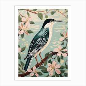 Vintage Bird Linocut Green Heron 1 Art Print