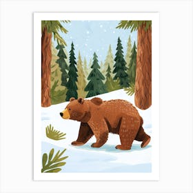 Brown Bear Walking Through A Snow Covered Forest Storybook Illustration 6 Art Print