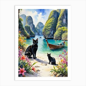 Black Cats in Thailand - Watercolour Mama Cat and Kitten at the Beach Phi Phil Islands Krabi Backpacking Travel Art Perfect Print for Gallery Feature Wall - Wicca Pagan Tropical Exotic Paradise Art Print