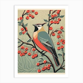 Vintage Bird Linocut Cedar Waxwing 1 Art Print