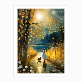 Little Girl And Cat In The Moonlight Art Print