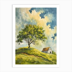 Watercolor Of A Tree On A Hill Art Print