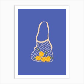 Bag With Lemons Blue Background Art Print
