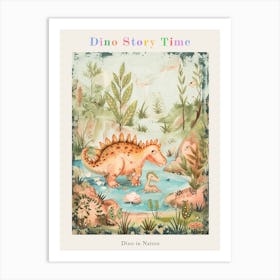 Cute Dinosaur Parent & Baby Dinosaur Bathing In The Lake Storybook Painting Poster Art Print