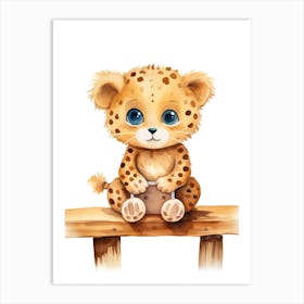 Baby Cheetah On Toy Car, Watercolour Nursery 3 Art Print