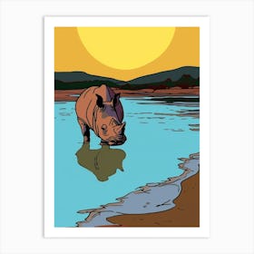 A Rhino In The River Block Colours 3 Art Print