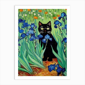 Vang Gogh Irises With Black Cat Painting Art Print