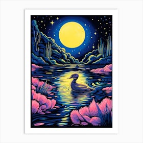 Linocut Style Duckling In The Lake Under The Moonlight 3 Art Print