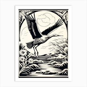 B&W Bird Linocut Stork 3 Art Print