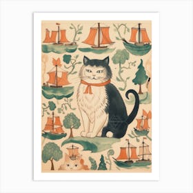 Medieval Style Ships & Cat With Collar Art Print