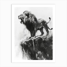 African Lion Charcoal Drawing Roaring On A Cliff 1 Art Print
