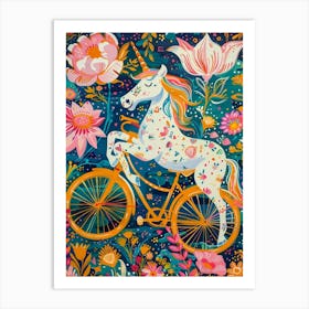 Floral Fauvism Style Unicorn Riding A Bike 1 Art Print