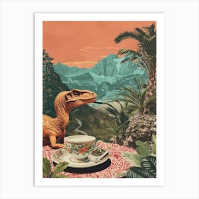 Dinosaur Drinking Coffee Retro Collage 2 Art Print