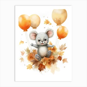 Koala Flying With Autumn Fall Pumpkins And Balloons Watercolour Nursery 1 Art Print