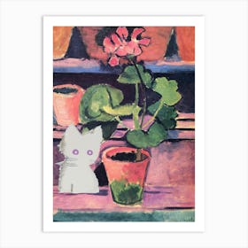 Pot Of Geraniums  Style With White Cat Art Print