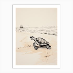 Detailed Sepia Sea Turtles On Beach  2 Art Print