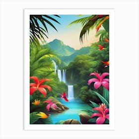 Tropical Landscape With Waterfall And Flowers Art Print