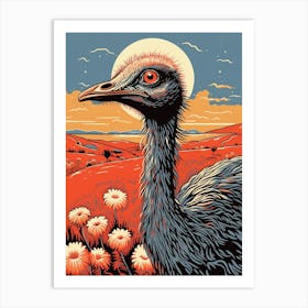 Vintage Bird Linocut Ostrich 2 Art Print