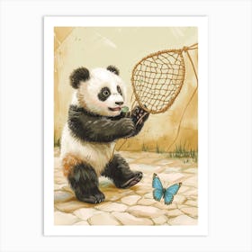 Giant Panda Cub Playing With A Butterfly Net Storybook Illustration 1 Art Print