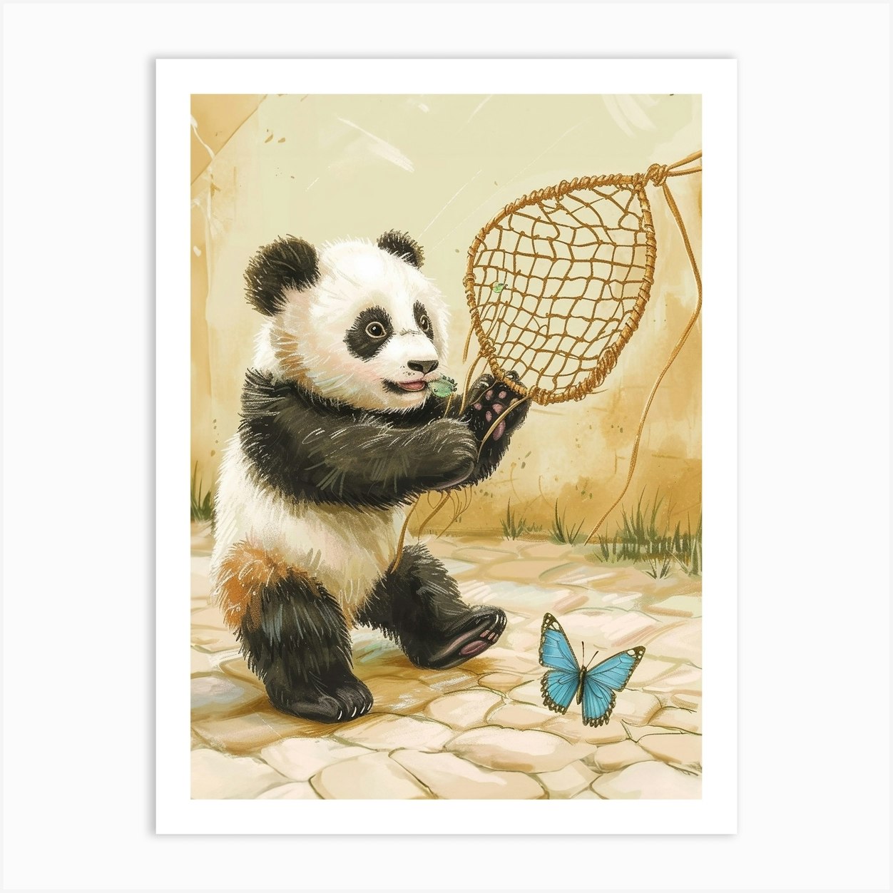 Giant Panda Cub Playing With A Butterfly Net Storybook Illustration 1 Art  Print by BearBrush Studios - Fy
