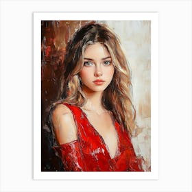 Young Beautiful Girl In A Red Dress Art Print