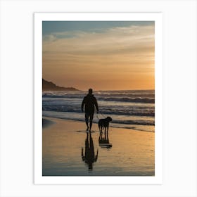 Man Walking Dog At Sunset Art Print