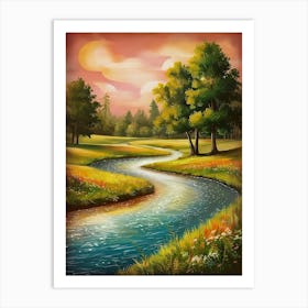 River At Sunset - serene landscape featuring a tranquil river winding its way through lush greenery Art Print